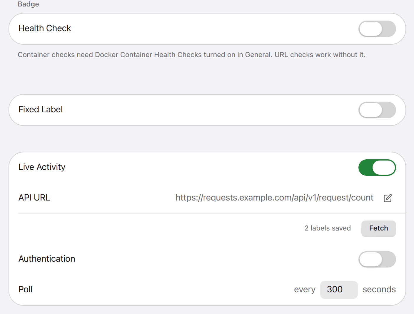 The Badge section of an app: Health Check, Fixed Label and Live Activity