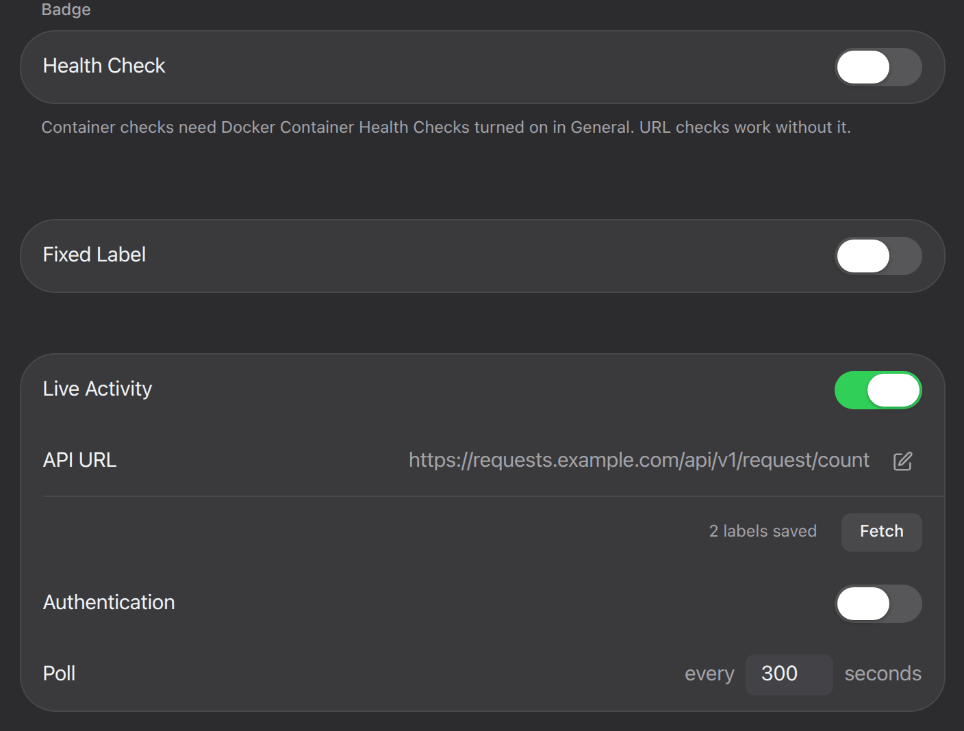 The Badge section of an app: Health Check, Fixed Label and Live Activity