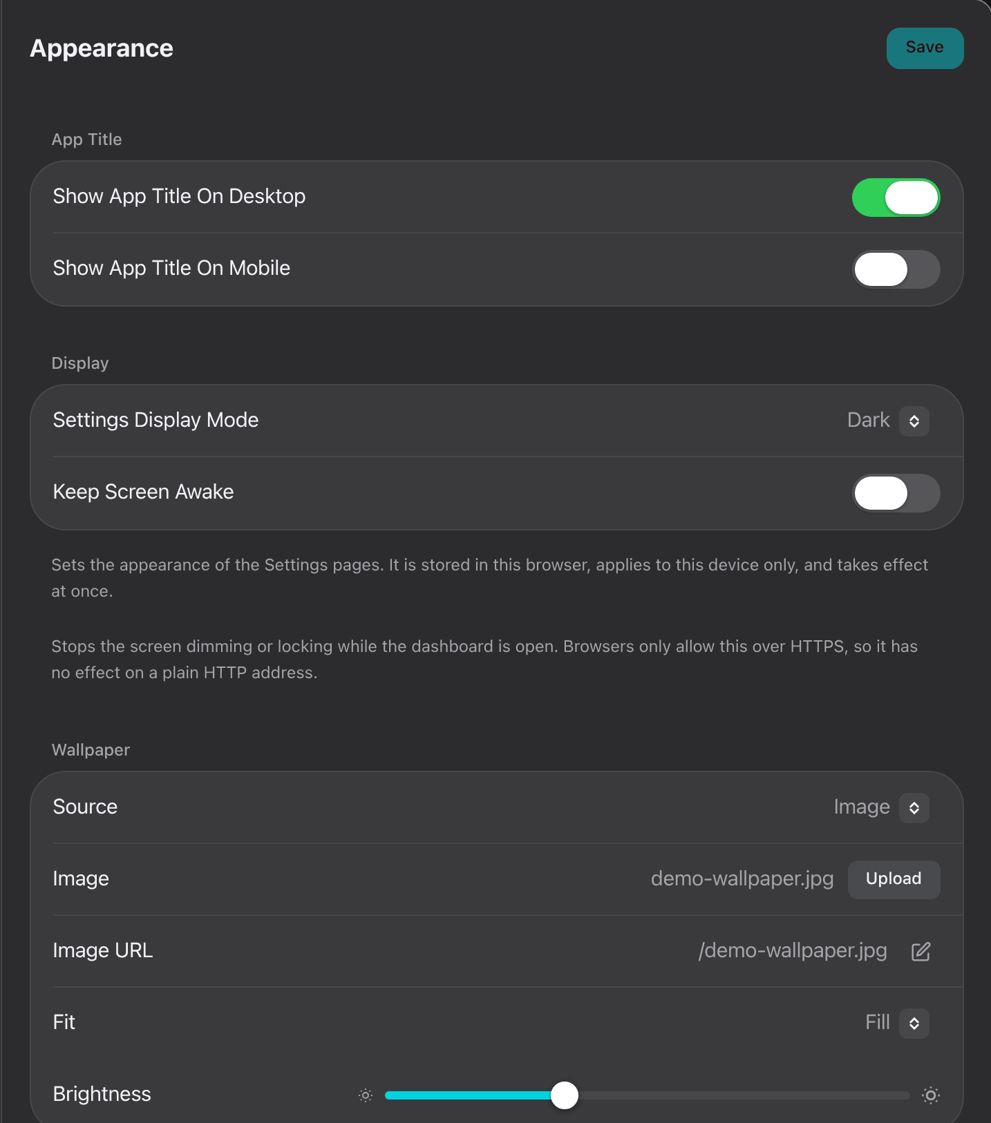 The Appearance section of the admin UI