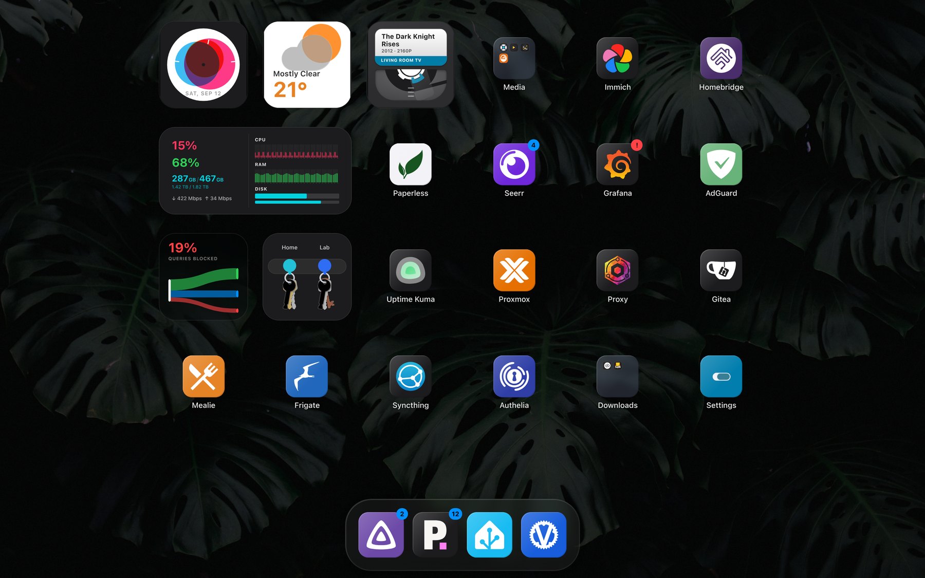 The Stackyard dashboard, with widgets, app tiles, a folder and the dock.